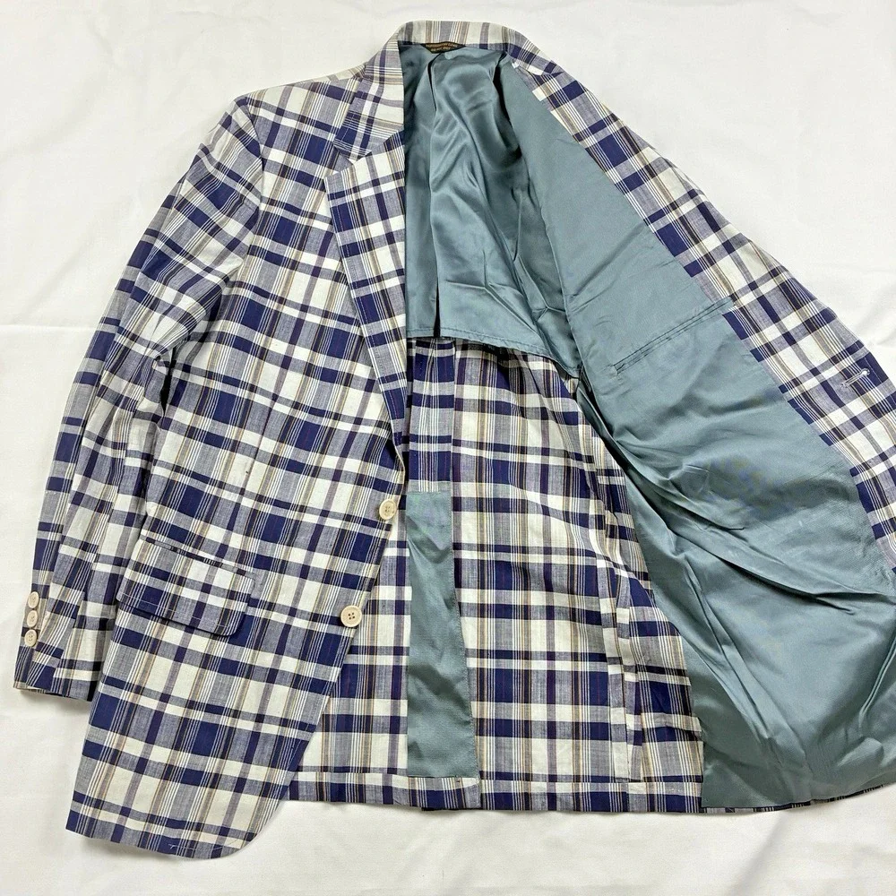 Madras Sport Coat Blue 40R Cotton Haspel Made in USA Deadstock VTG  80s Ivy Trad